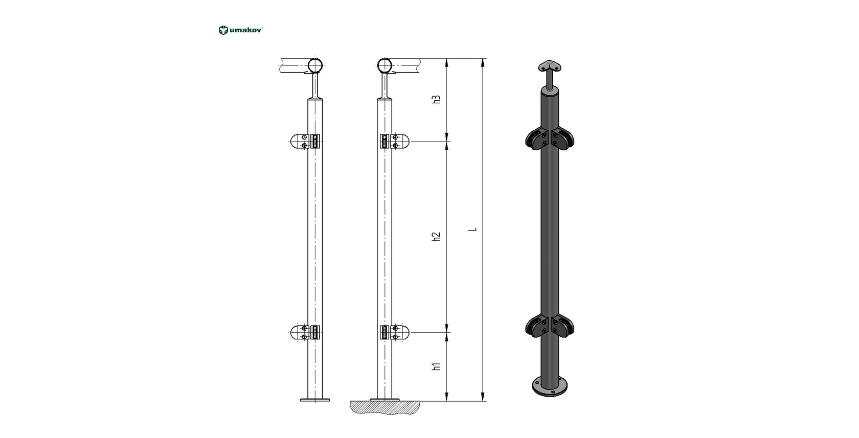 Słupek nierdzewny AISI304, D42,4x2/4xmodel20/H1000