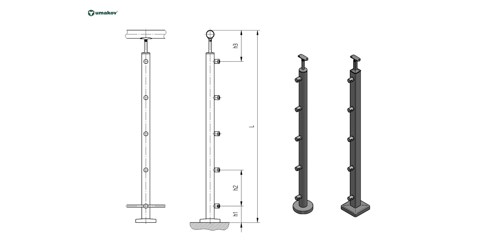 Słupek nierdzewny uzbrojony AISI304, D42,4/5xd12/H