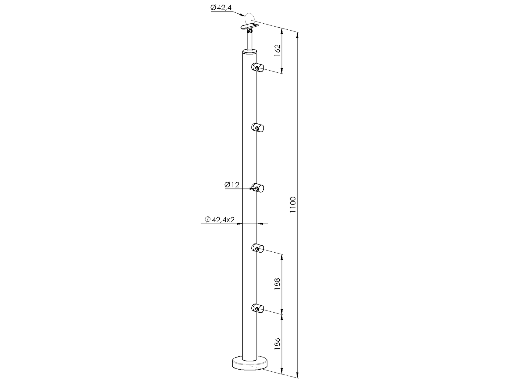 Słupek nierdzewny poler AISI304, D42,4x2/5xD12/H10