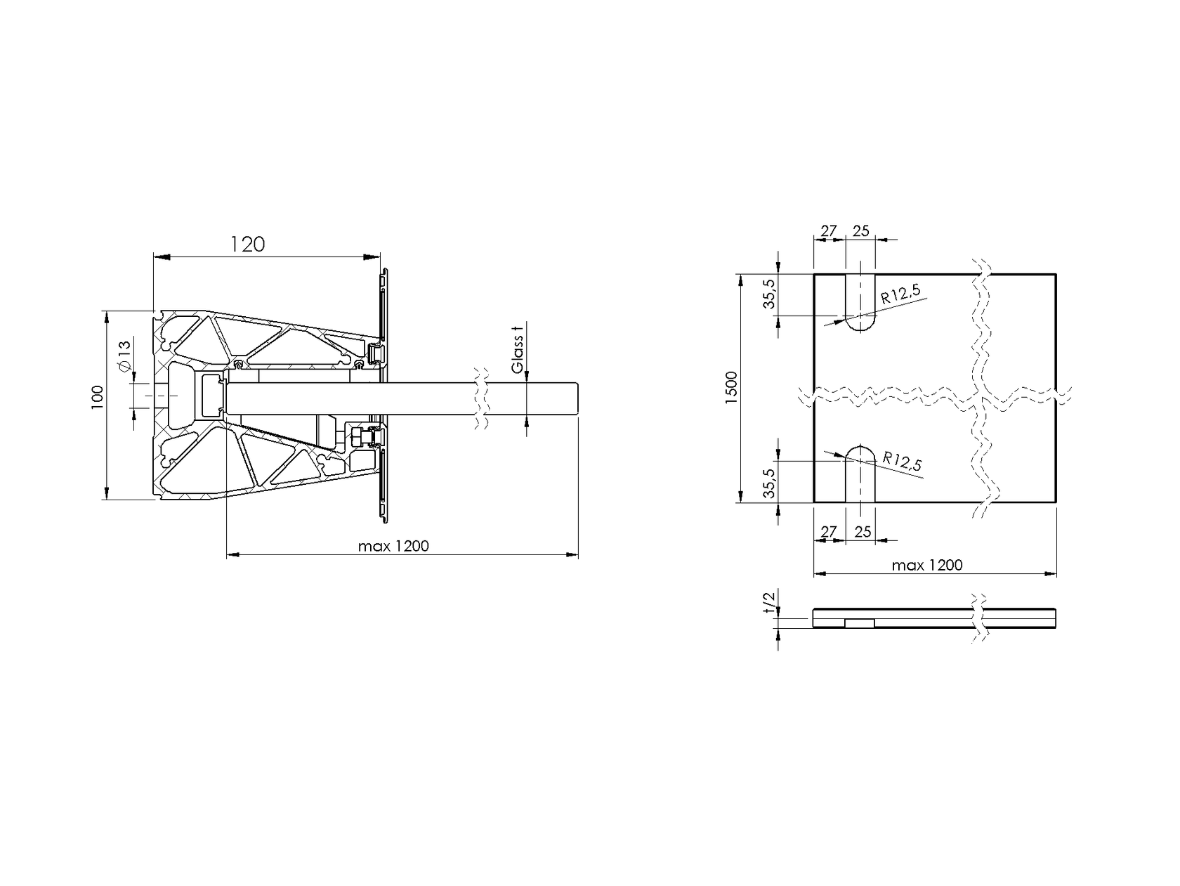 Aluminiowa daszka szklana profil