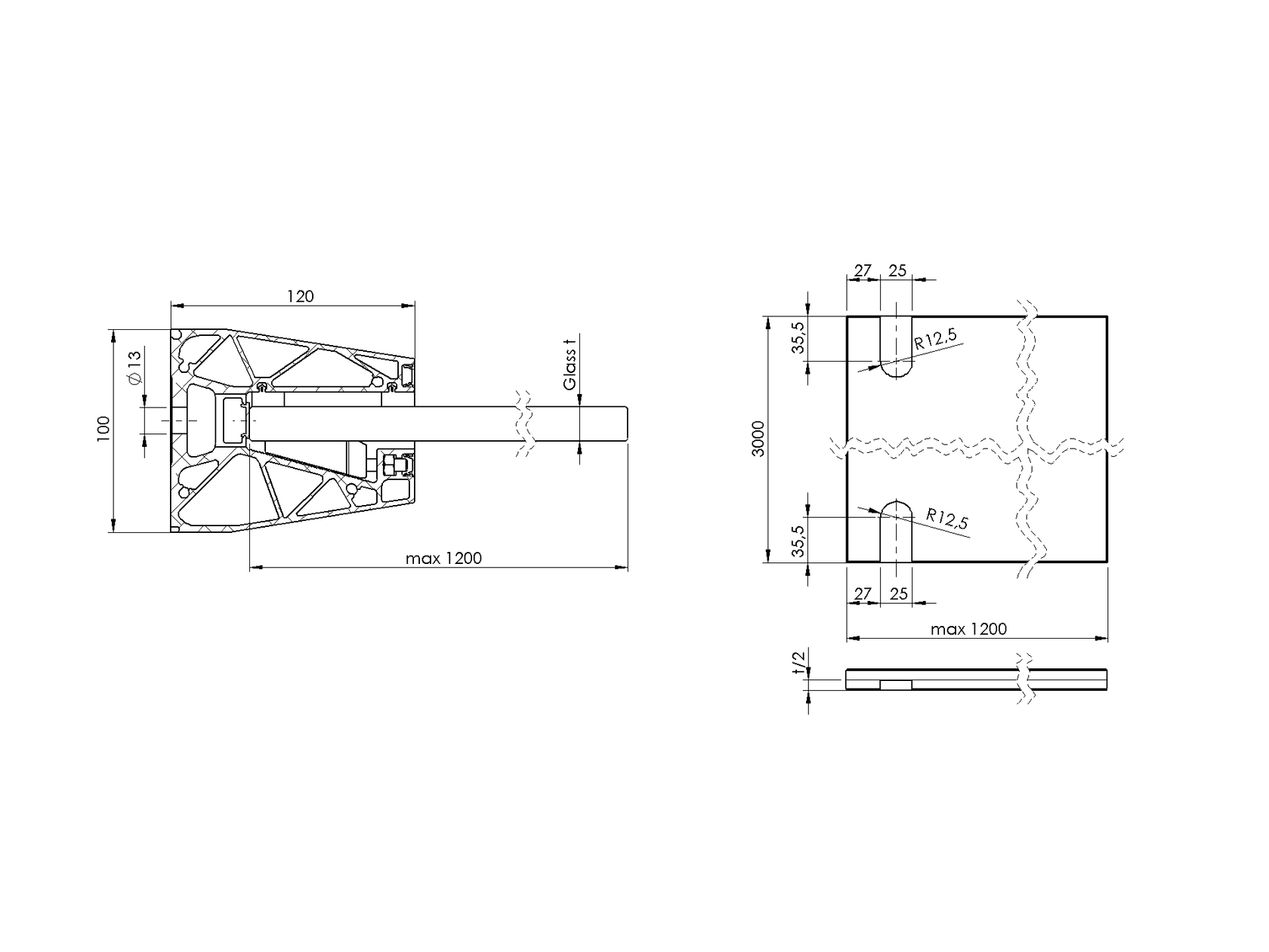 Aluminiowa daszka szklana profil