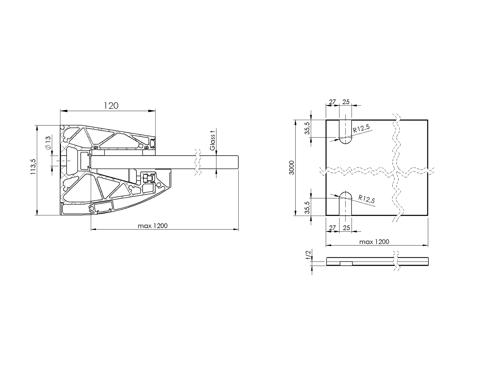 Aluminiowa daszka szklana profil