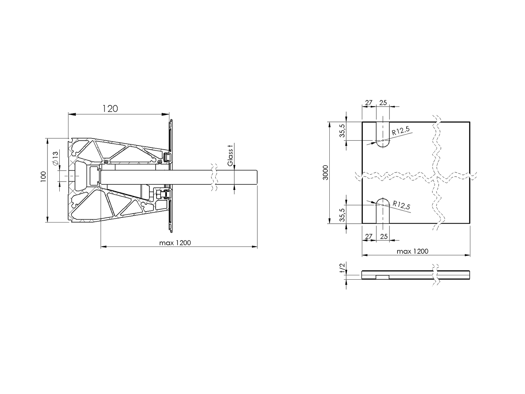 Aluminiowa daszka szklana profil
