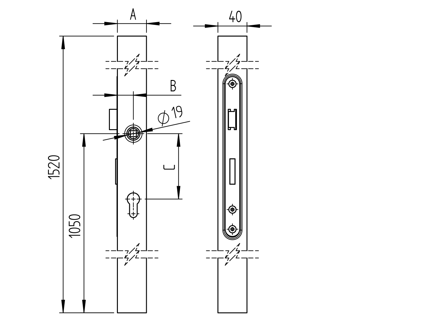 Cząstka zamku komplet bez klamky JP60x40, L1500