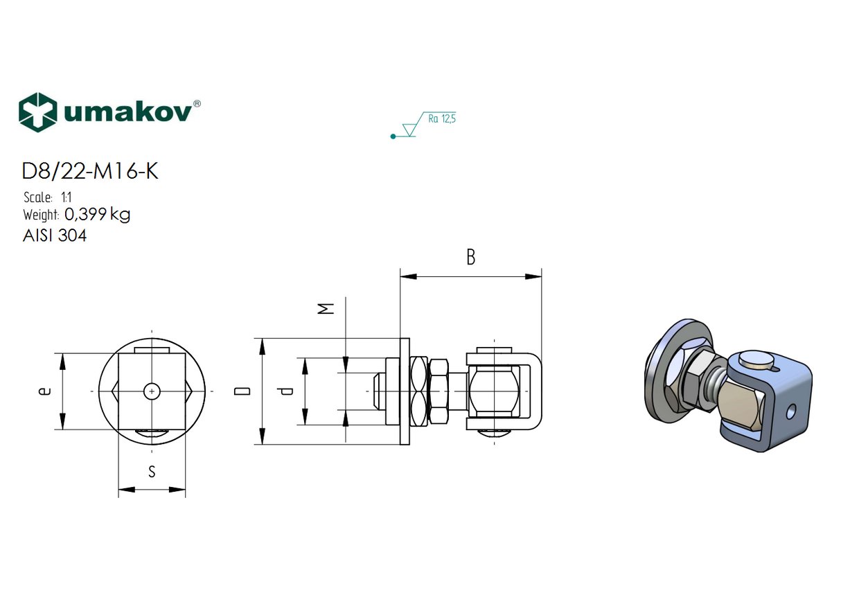 Zawias regulowany z nakrętką M16, AISI 304