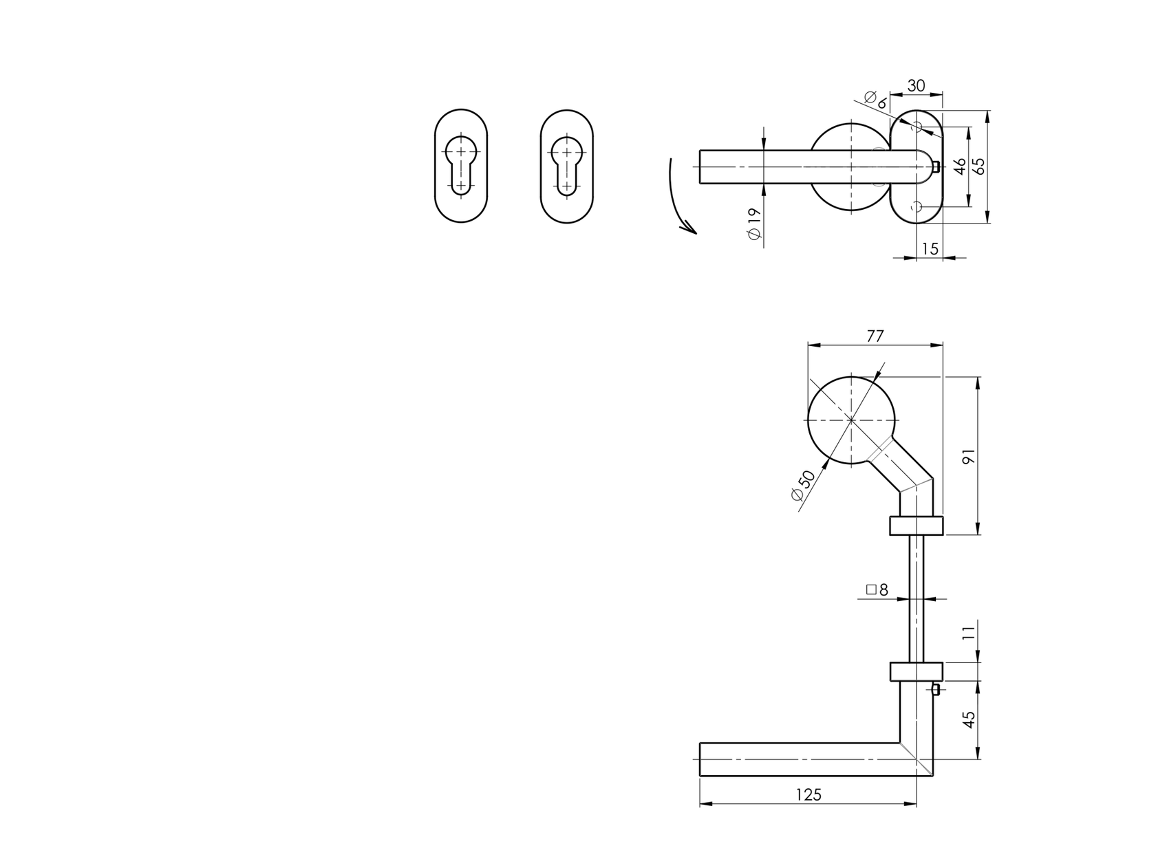 Klamko-gałka, stal nierdzewna, AISI 304 lewa