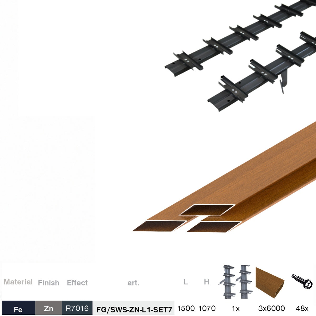 Set čierny ZN oceľový horizontálny naklápací systém 1,07 m s 1,5 m Drevo dekor ZLATÝ DUB kosodĺžnikovou výplňou 20x105