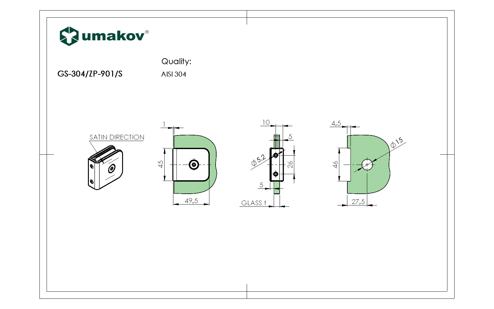 Łącznik szkła, AISI 304, BLACK
