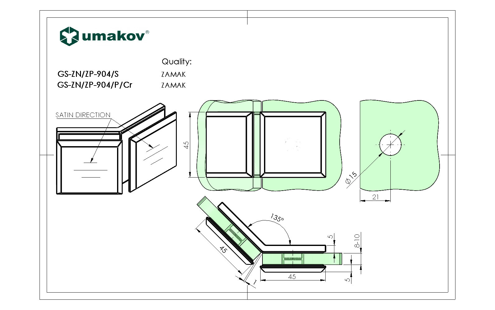 Uchwyt szkła, Zamak, 135°, T 8-10 mm