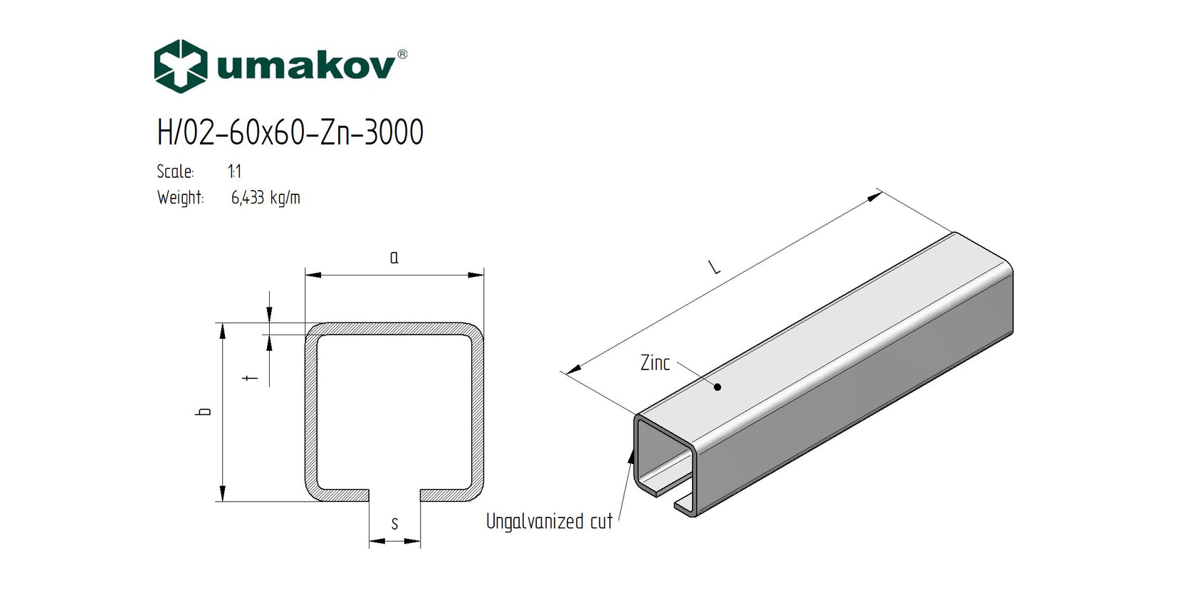 Profil do bramy przesownej Zn, 60x60x4mm, L3m