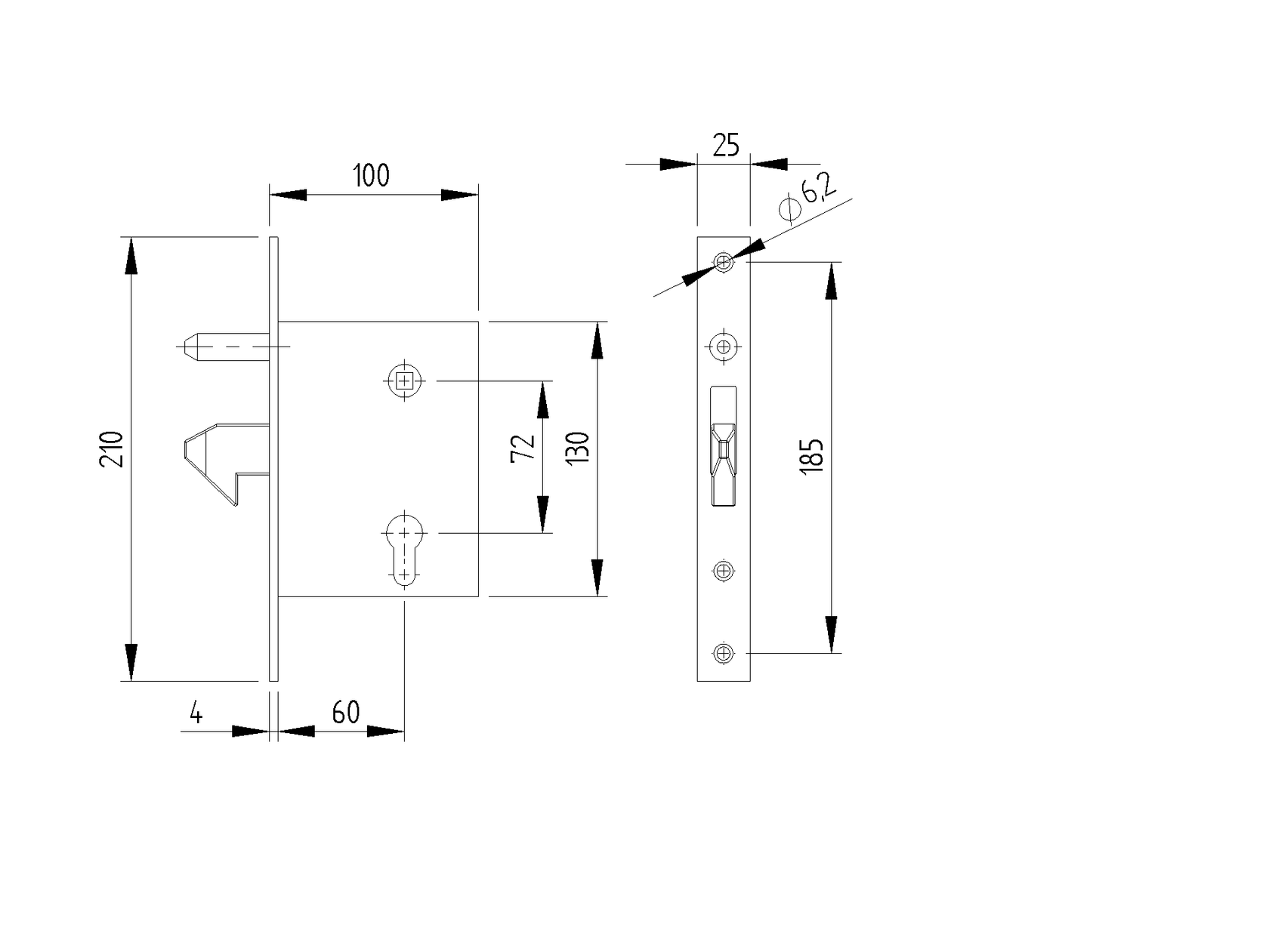 Zamek do bramy przesuwnej 72x60mm
