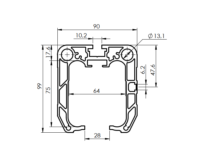 Prowadzący profil dolny AL, 90x99mm, L6m
