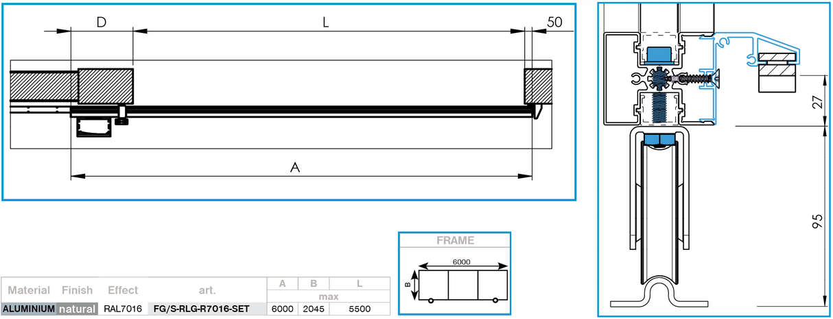 Przesuwana brama aluminiowa na kółkach 6x2,045m z wypełnieniem 20x100 R7016 - zes
