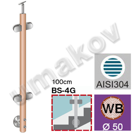 Słupek bukowy Fi 42,4 mm. 4x uchwyt szkła, h=100cm