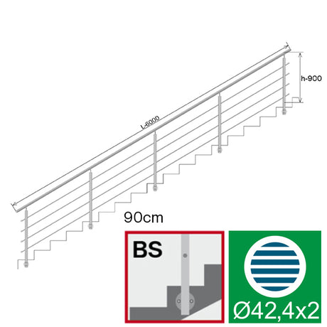 Balustrada nierdzewna AISI304, D42,4/4xd12/H900/L6