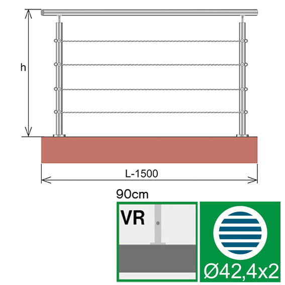 Balustrada nierdzewna AISI304, D42,4/4xd5/H900/L15