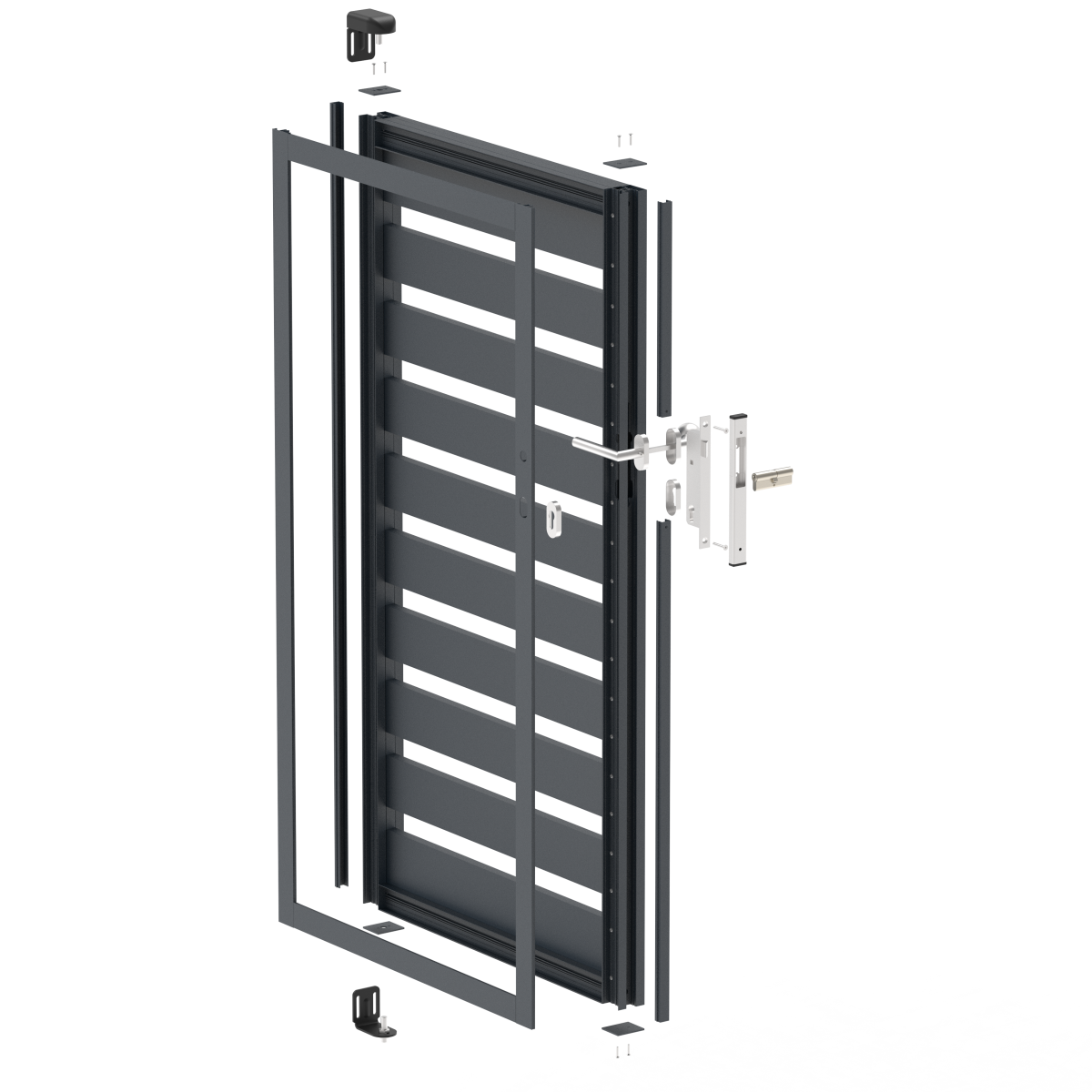 Jednoskrzydłowa brama aluminiowa 1,025x1,50m z wypełnieniem 20x100 R7016 - zestaw