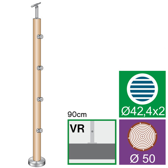 Drewniany słupek AISI304+BEECH, D50/4xd12mm, H900