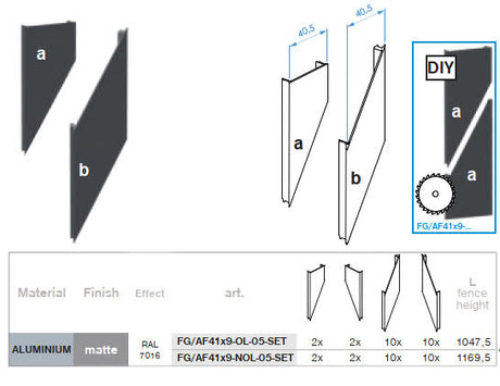 Listwa dystansowa zakładkowa Click-lock do adaptera U, 41 x 09 - 30mm - Antracyt R7016, skośna z zakryciem 5 mm - ZESTAW