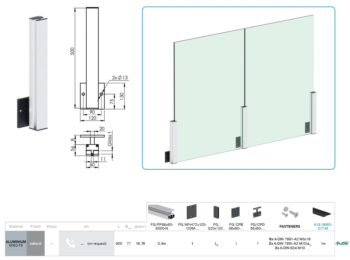 Aluminiowy profil słupkowy 56×60 mm - 6 m - Naturalny