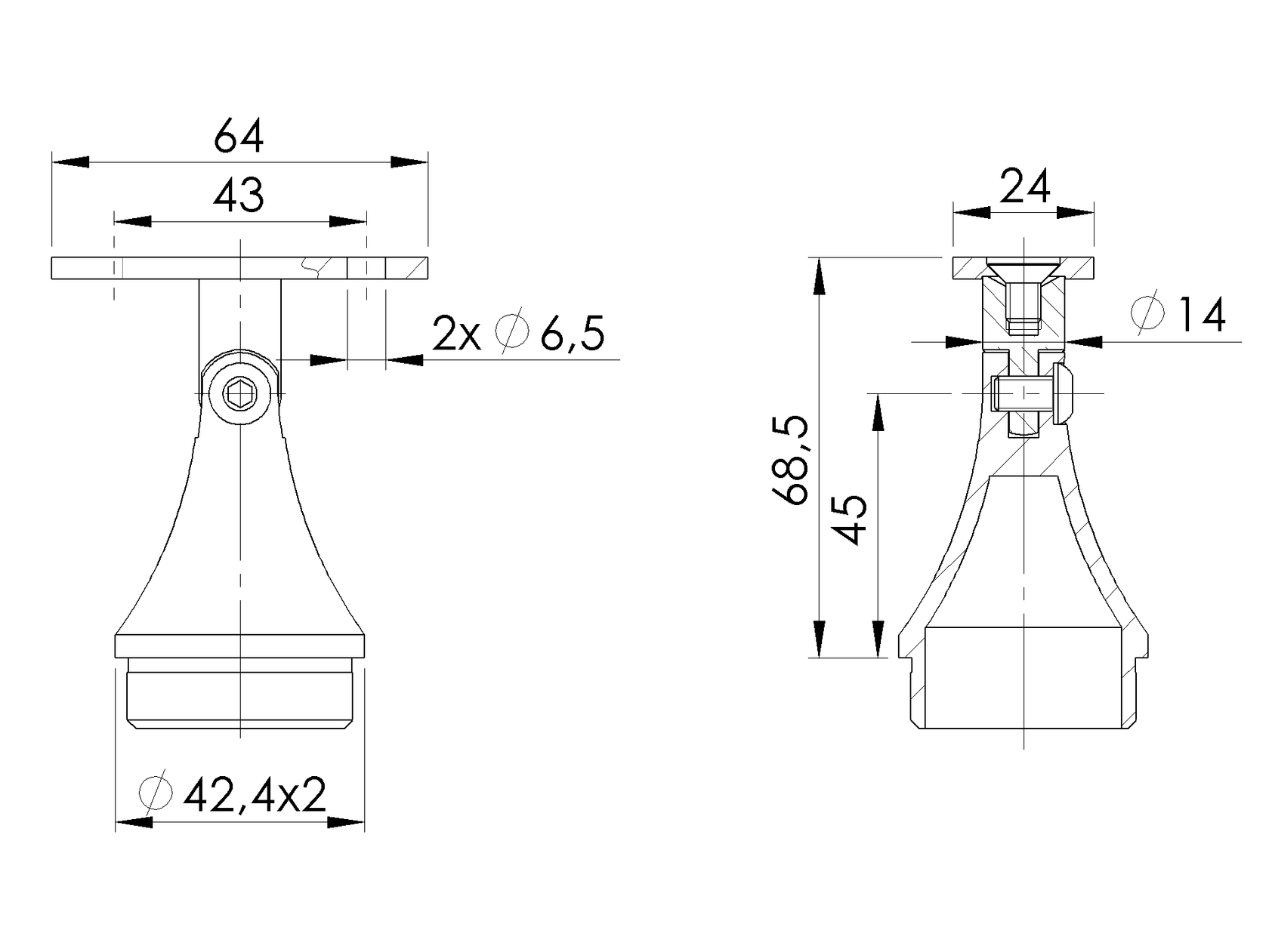 mocowanie pochwytu AISI304, 40x40x2/d42,4x2/H67mm