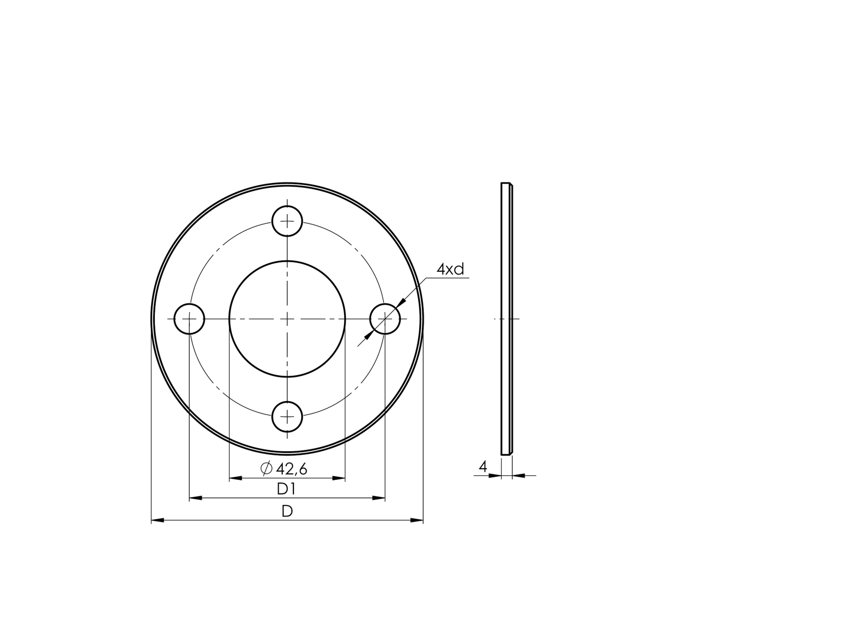 Krążek montażowy AISI304, D100/42,4mm, 4xd11, t4 r