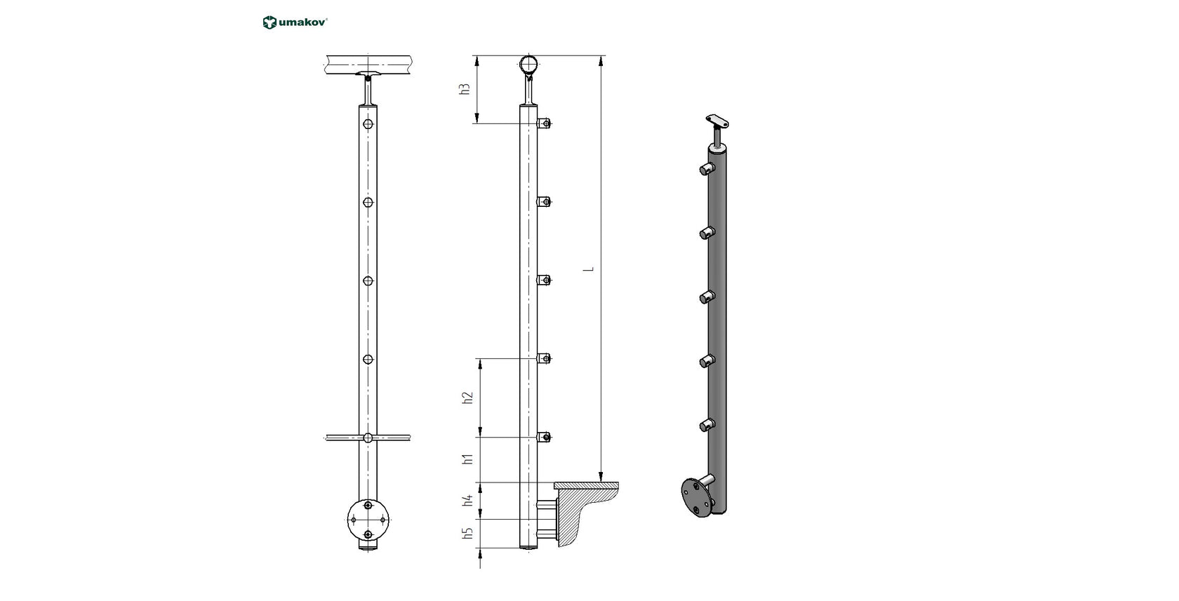 Poler -prosto AISI304, D42,4x2/5xd12/H1000mm