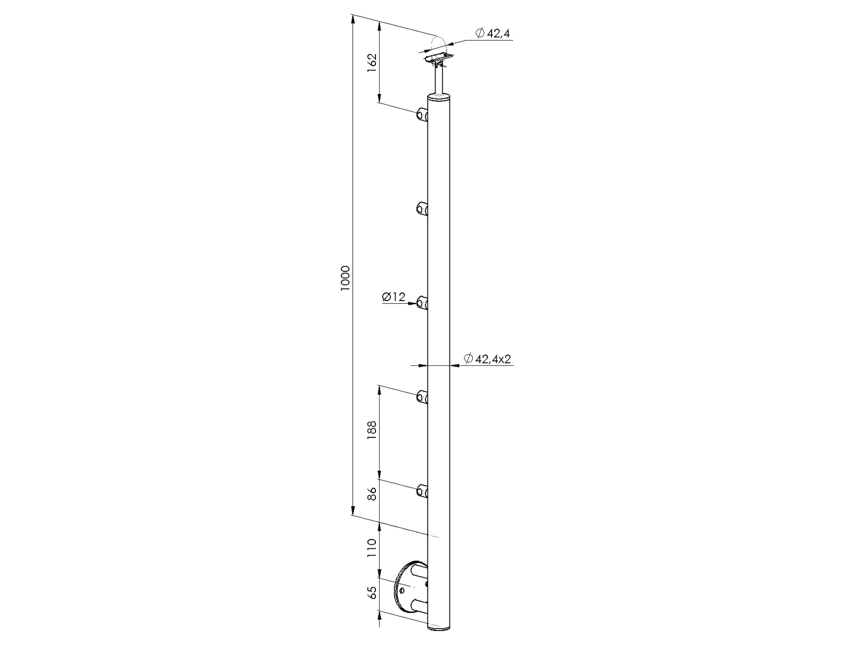Drewniany słupek BUK (BEECH) D50mm, 5xd12mm, H1000