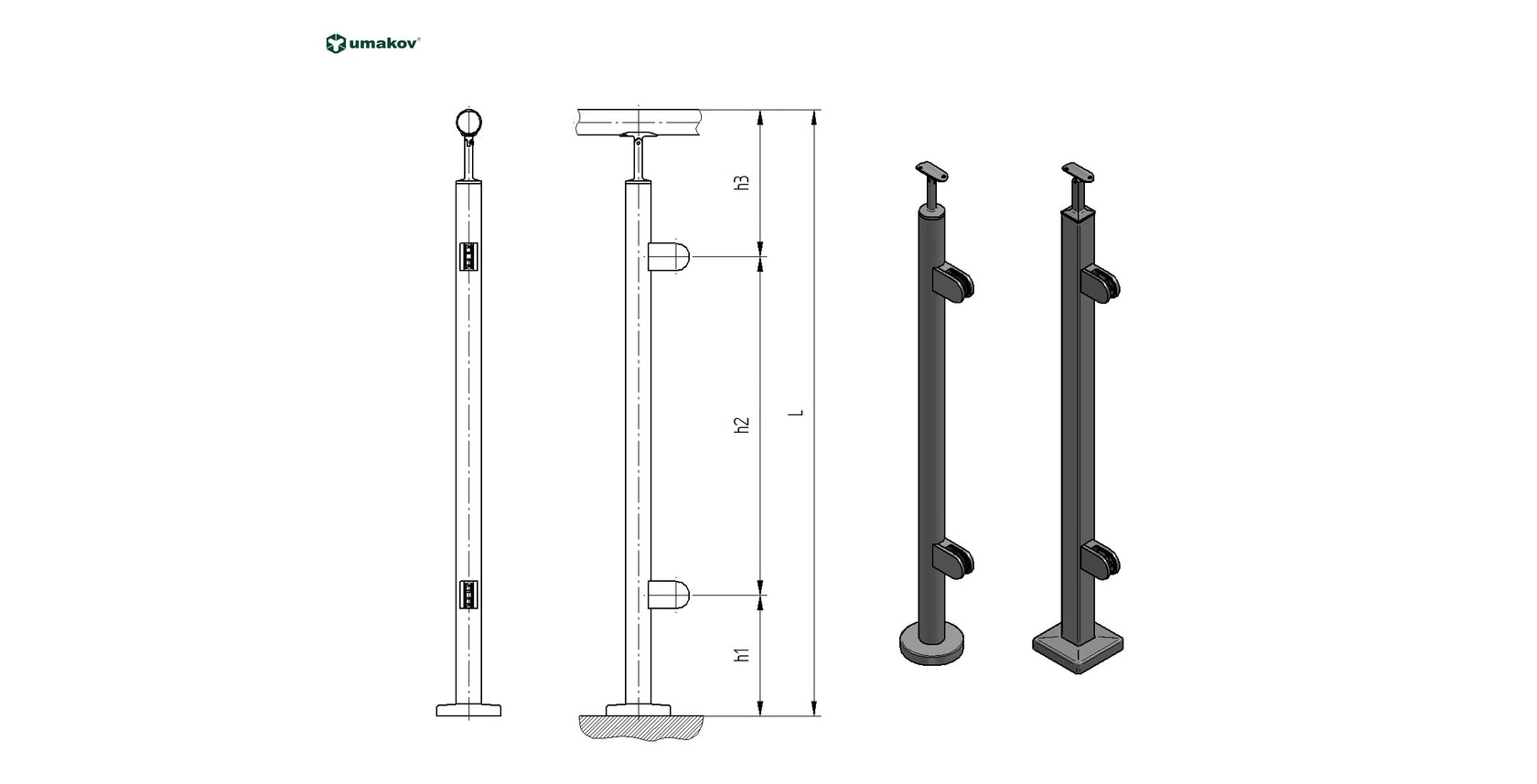 Stĺpik, VK-rovné AISI316, D42,4/2xmodel22/H1100mm-