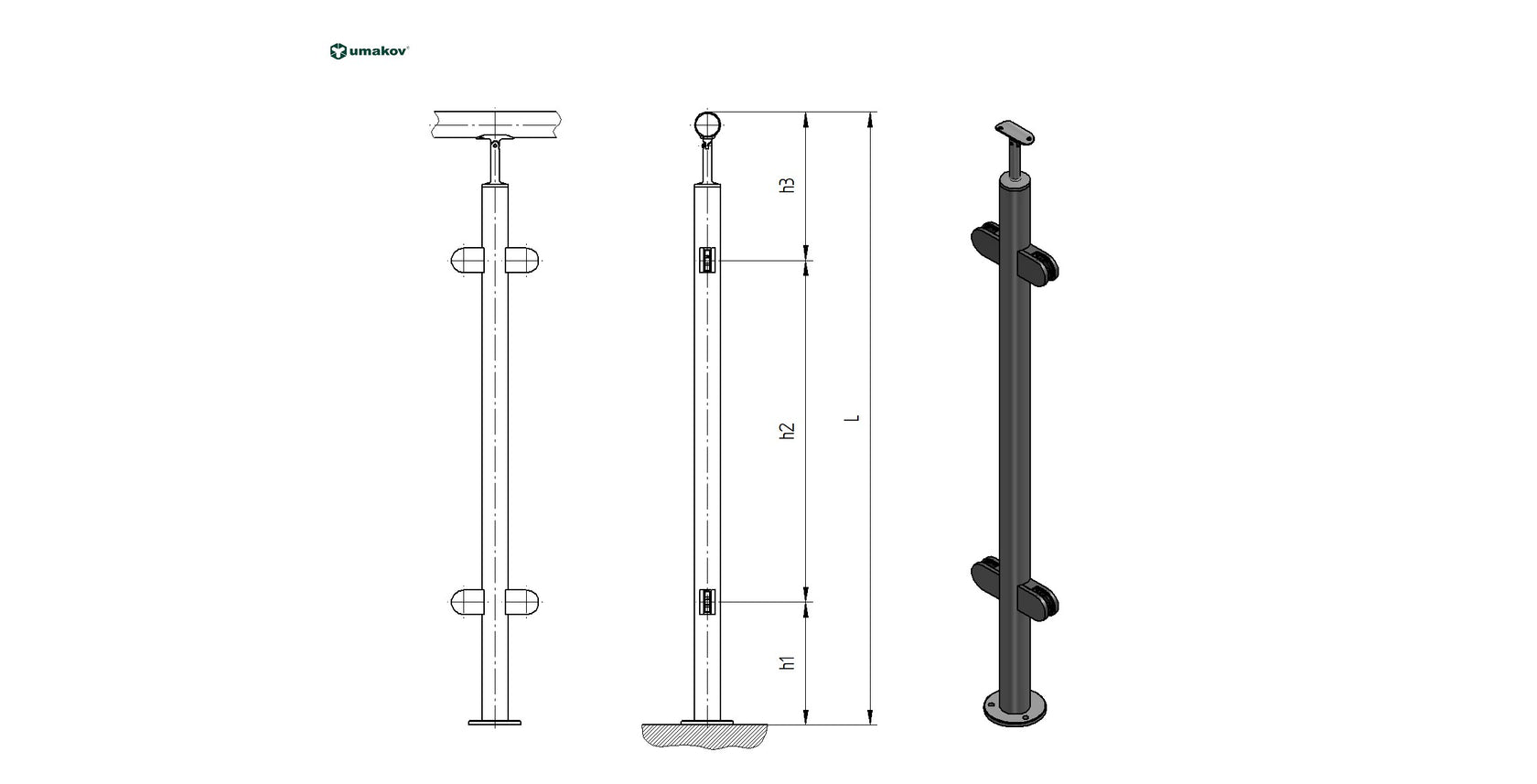 Słupek nierdzewny -prosto AISI304, D42,4x2/4xmodel
