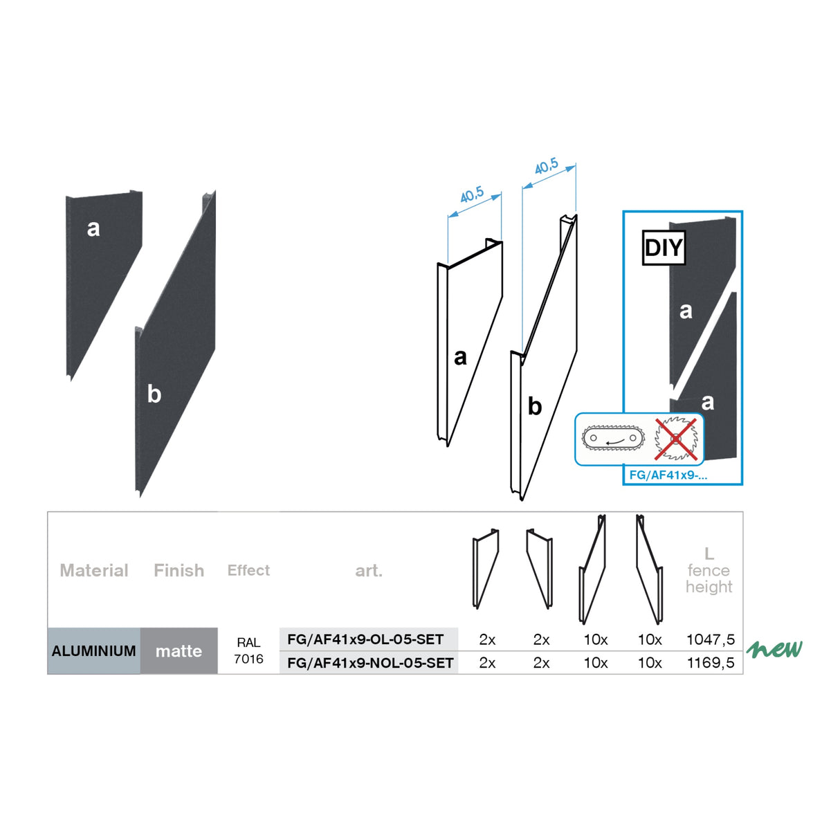 Click-lock spacer cover strip for U40-adapter, 41x09-36mm - Anthracite R7016, slanted with 5 mm gap - SET