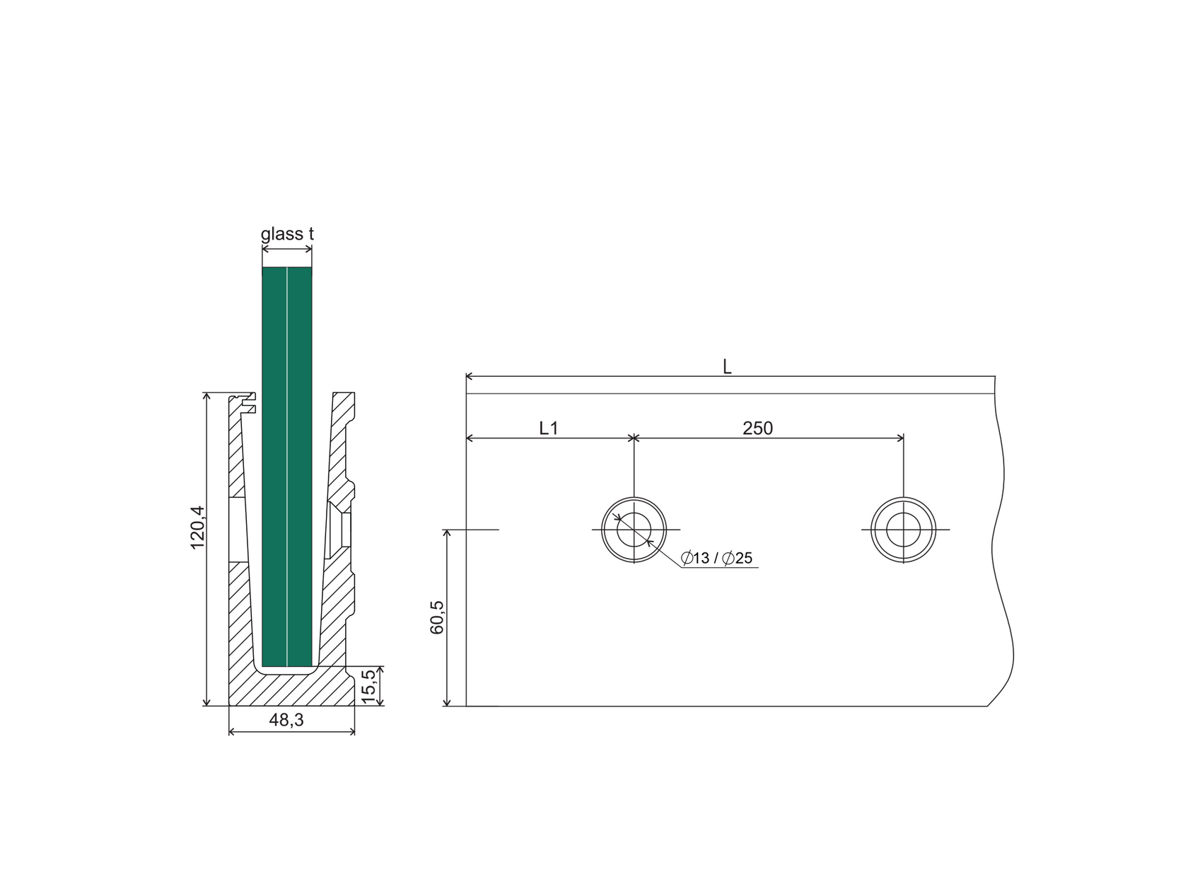 Profil balustrady szklanej Al-boczny