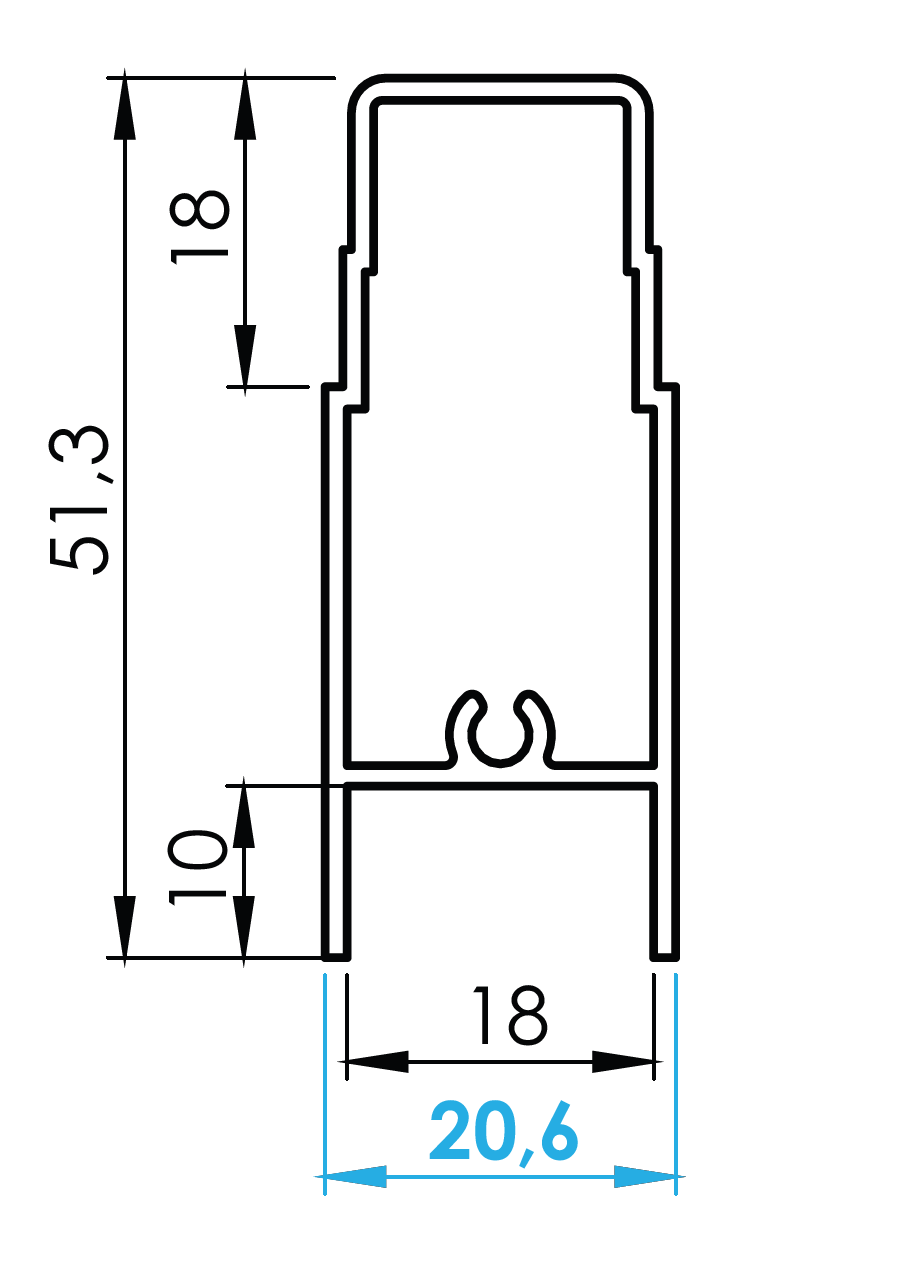 Górny profil aluminiowy do wypełnienia szklanych