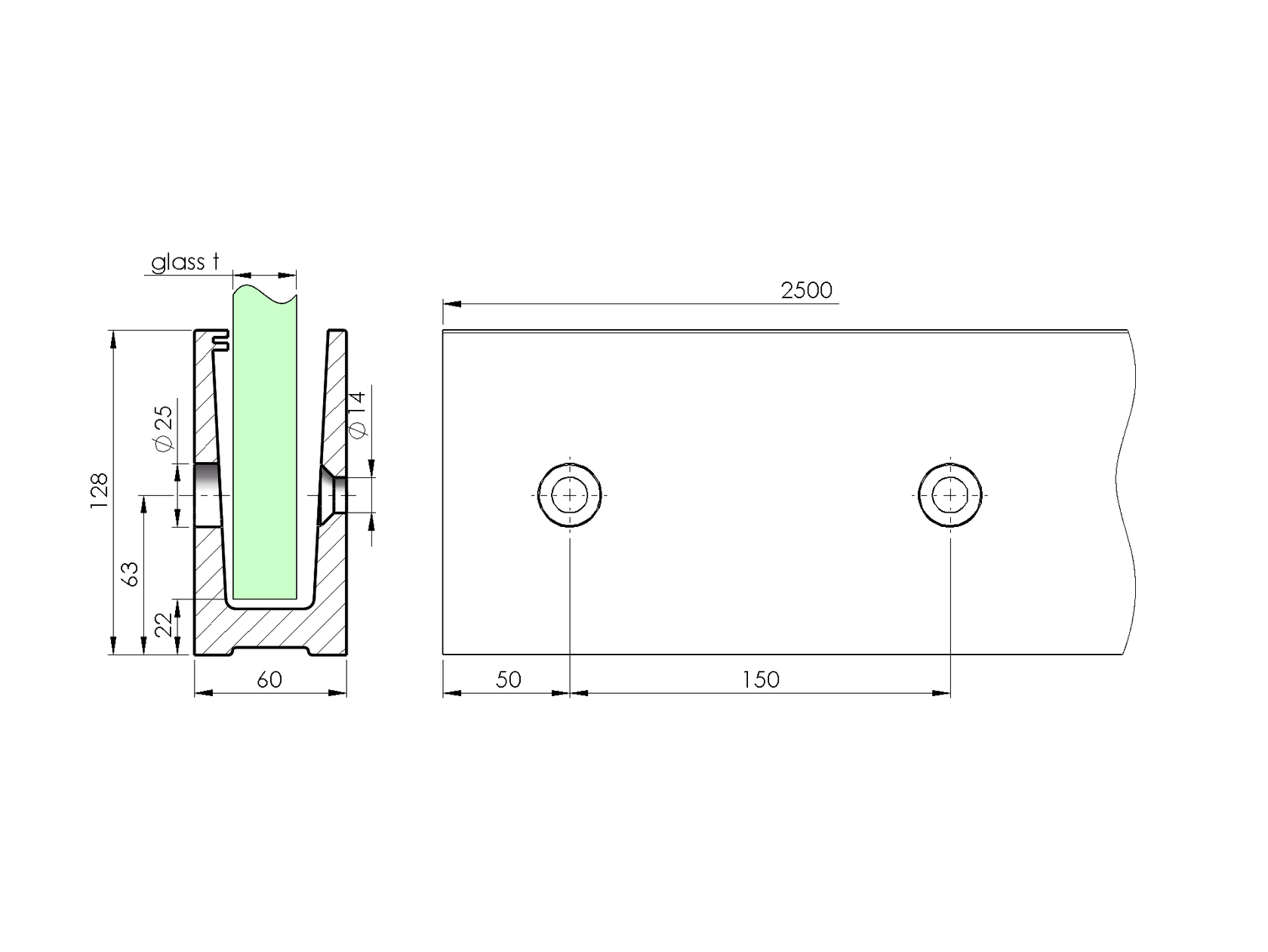 Profil balustrady szklanej Al
