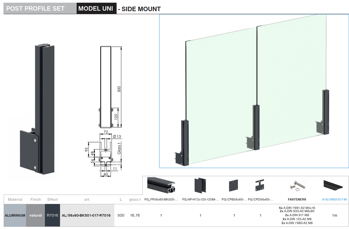 Aluminiowy profil słupkowy 56 × 60 mm - 0,5 m - Antracyt RAL 7016