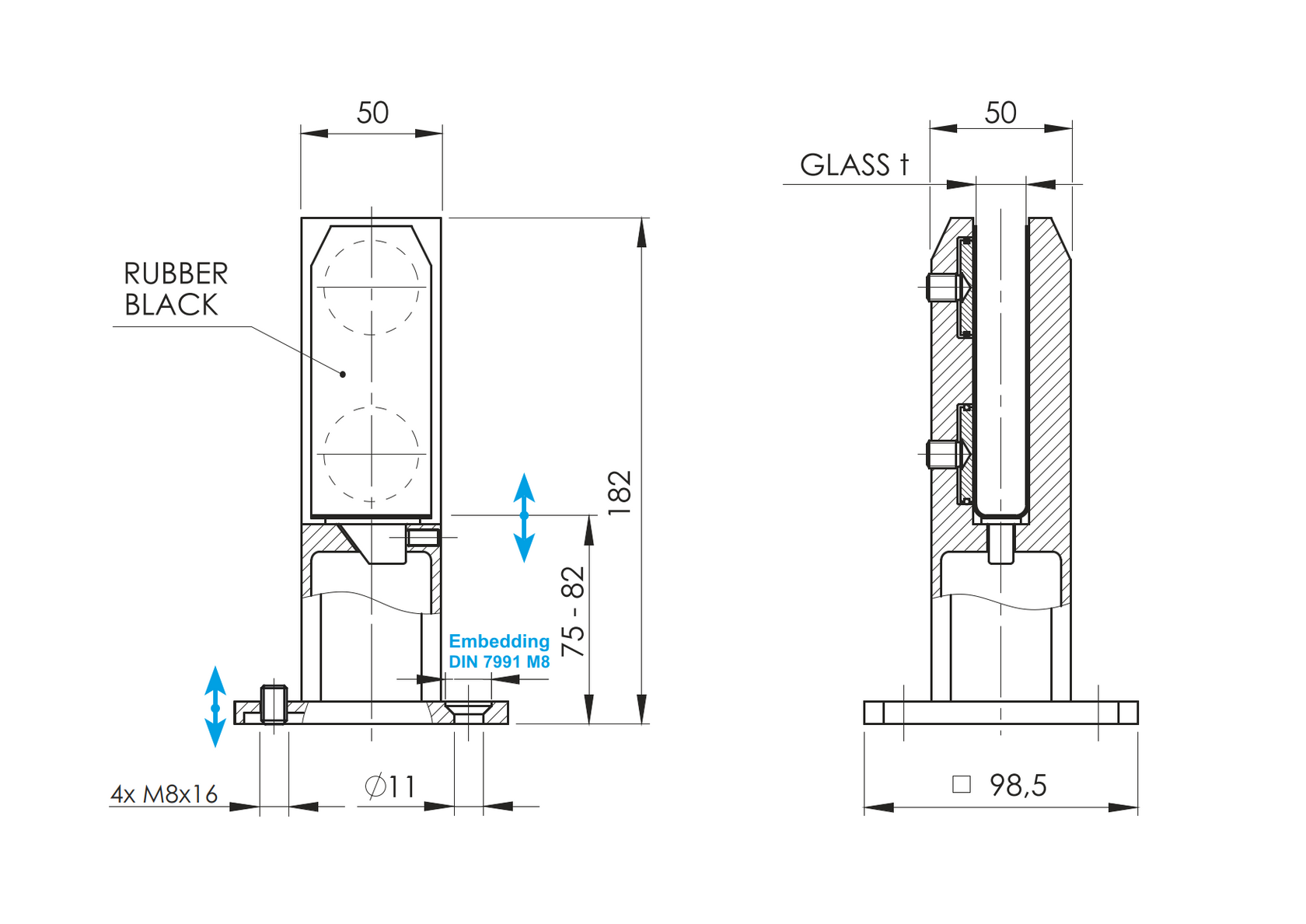 Regulowany spigot - Słupek kotwiący do szkła