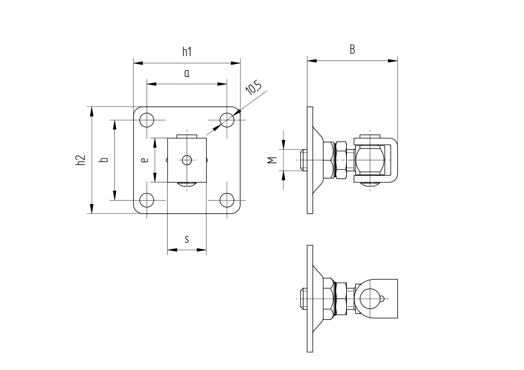 Zawias regulowany z płytką, AISI 304 M16, 80x80mm