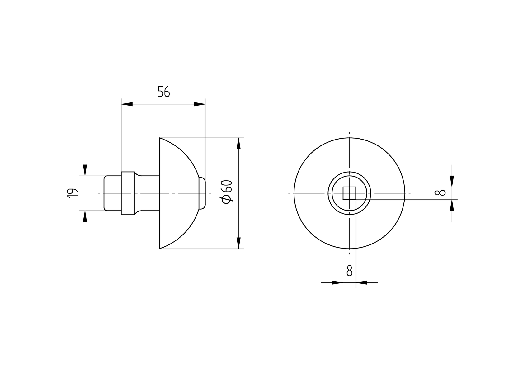 Klamka kula d60mm, D19mm, Fe