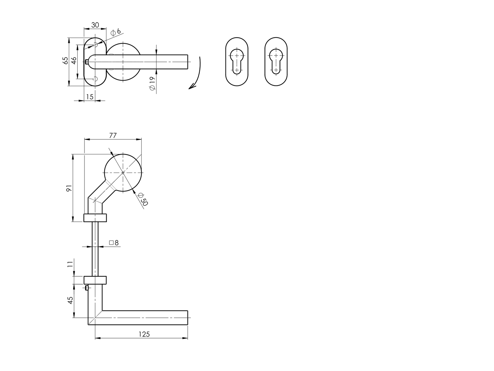 Klamko-gałka, stal nierdzewna, AISI 304 prawa