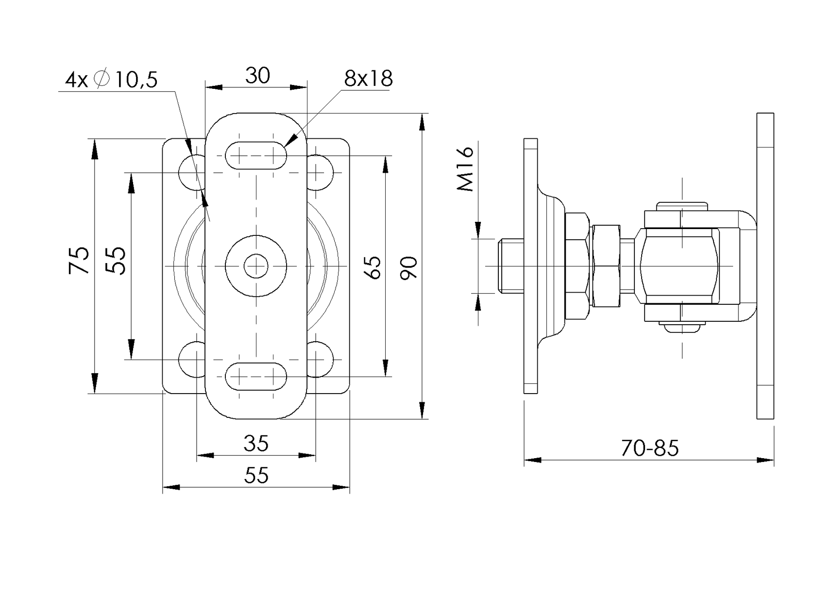 Zawias regulowany z płytką, INOX, M16