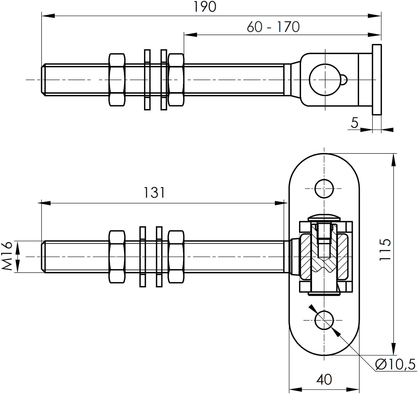 Zawias regulowany długi z płytką, INOX, M16