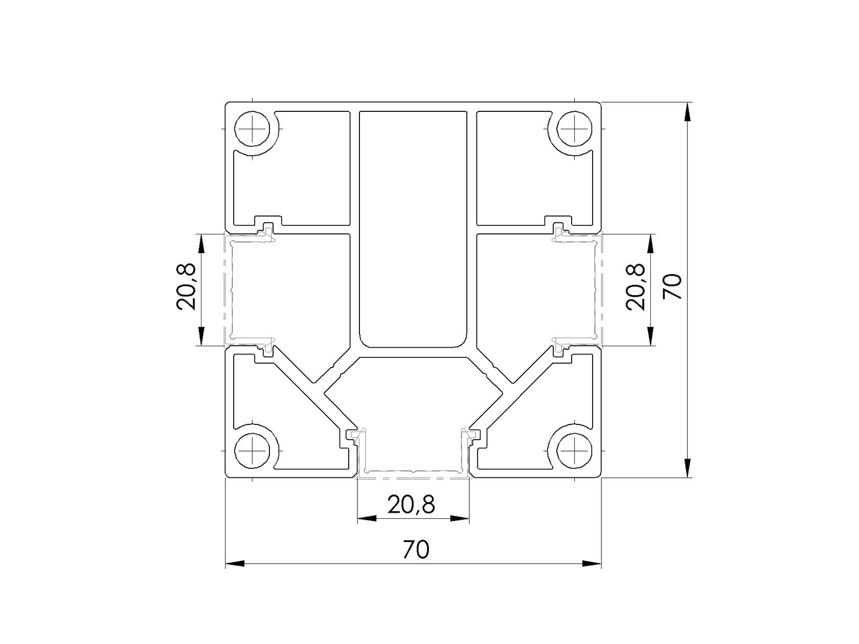 Set hliníkového plotového stĺpika 70 × 70 mm – 6,0 m – prírodný (bez povrchovej úpravy) – pre výplne 20 mm široké