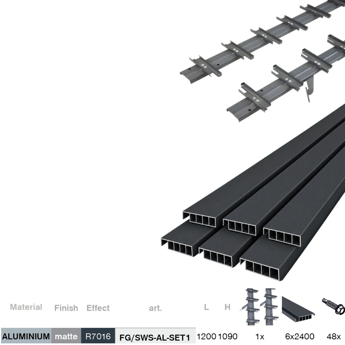Set Antracitový hlinikový horizontálny naklápací systém 1,09m s AL 1,2m Antracitovou výplňou 20x95mm