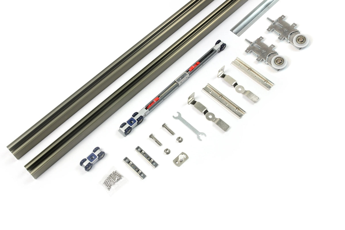 Aluminiowe okucie jezdne do przesuwnych paneli zacieniających, profil 3 m o nośności 60 kg – ZESTAW