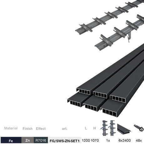 Set Anthracite Galvanized Steel Horizontal Tilting System 1.07 m with 1.2 m Anthracite Aluminum Infill 20x95