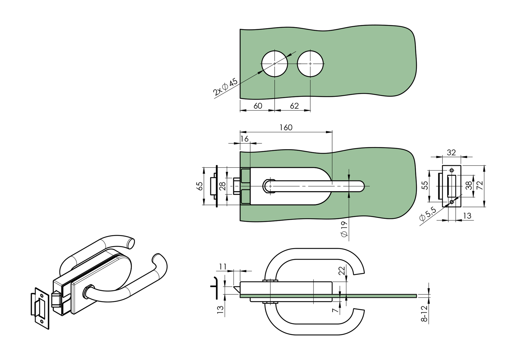 Zamek s klamka i wkładkę AISI304 UV