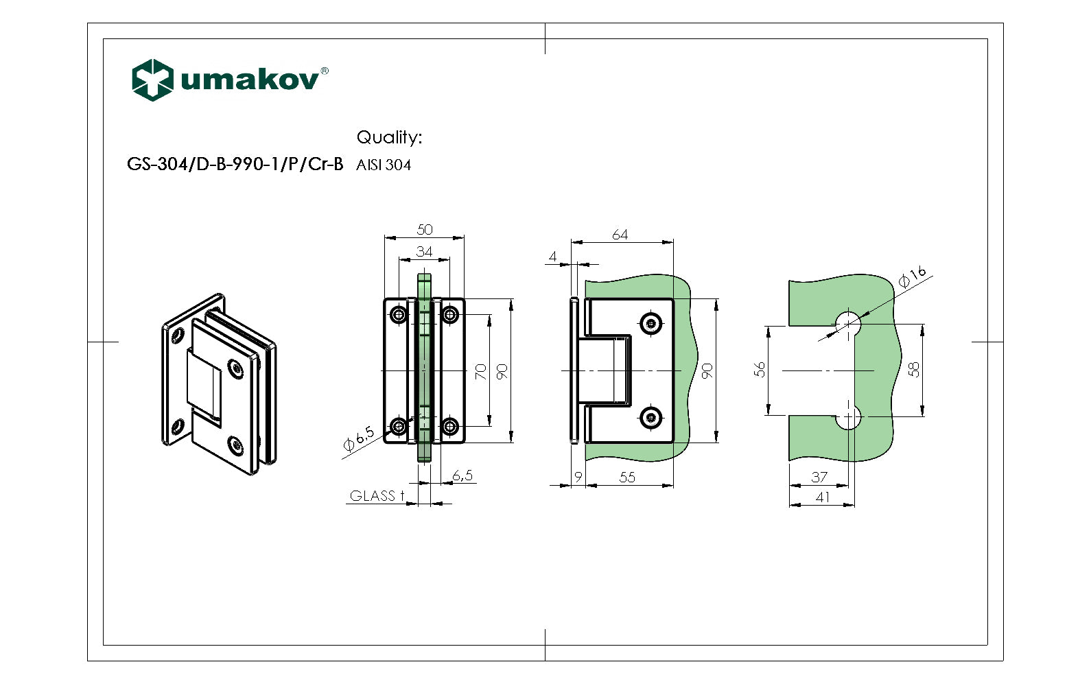 Zawias do drzwi szklanych +/- 90 stopni AISI304