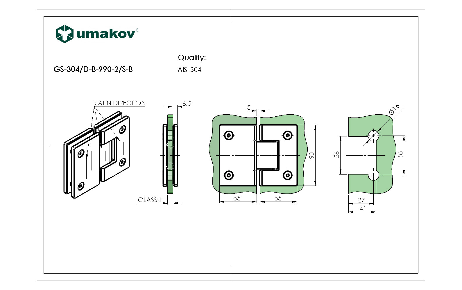  Zawias do drzwi szklanych +/- 90 stopni AISI304,