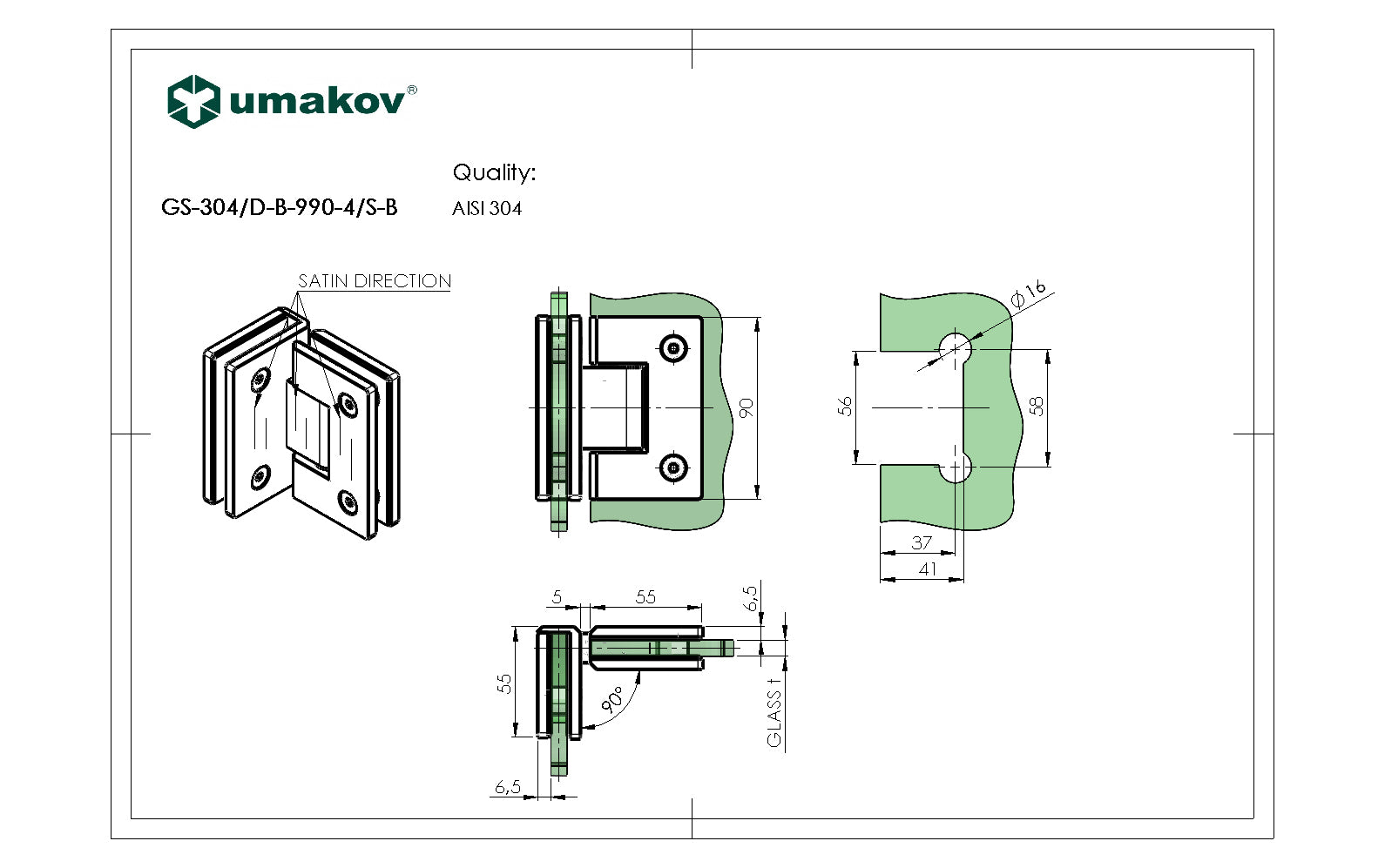  Zawias do drzwi szklanych +/- 90 stopni AISI304,