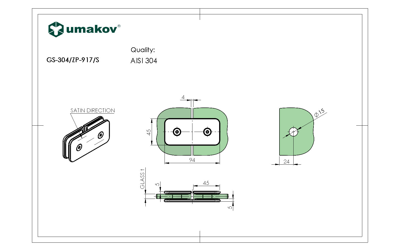 Łącznik szkła, AISI 304, T 8-10 mm